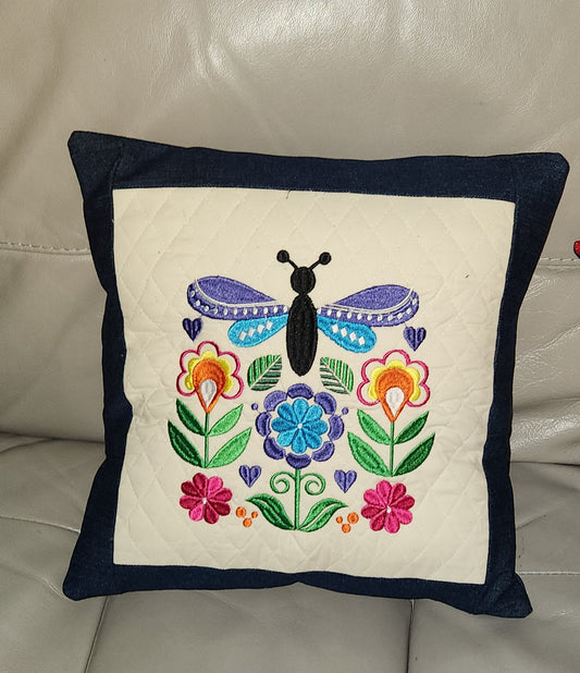 Pillow cover, embroidered, dragon fly, floral