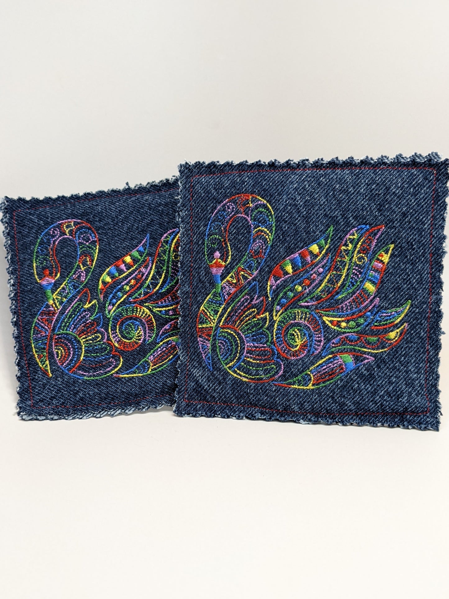 Coasters, Embroidered, Repurposed Denim, Set of 2