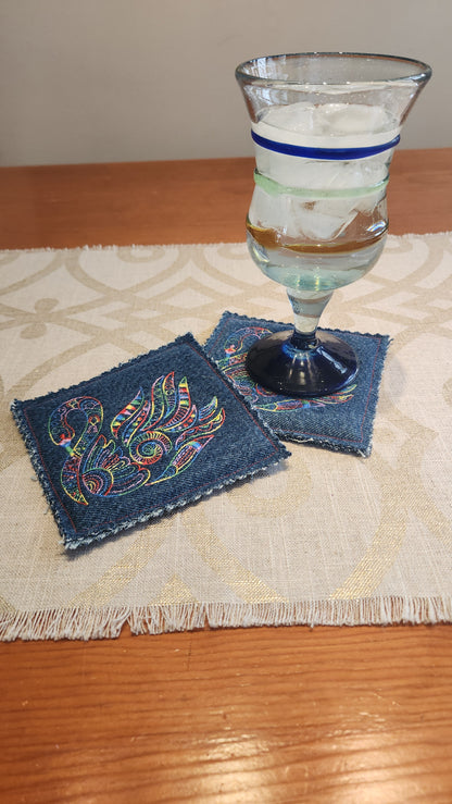 Coasters, Embroidered, Repurposed Denim, Set of 2