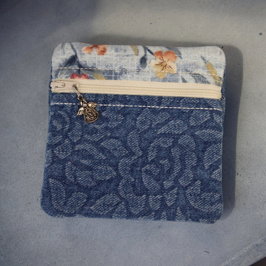 Zippered bag, Patterned denim with floral accent