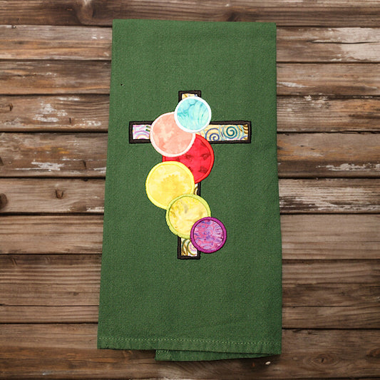 Kitchen Towel, Applique, Green with cross