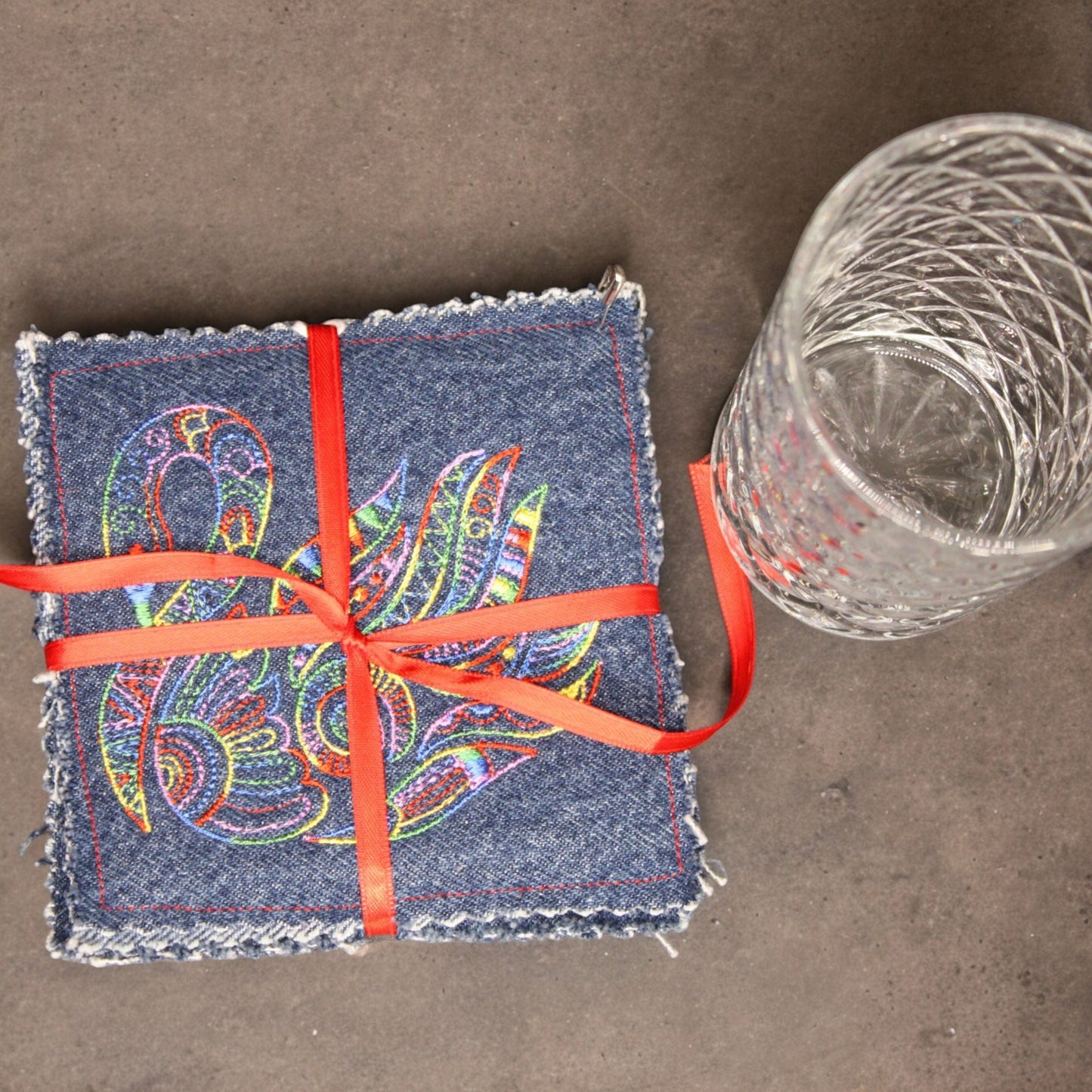 Coasters, Embroidered, Repurposed Denim, Set of 2