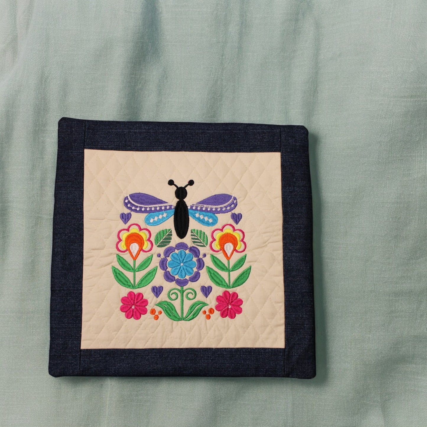 Pillow cover, embroidered, dragon fly, floral