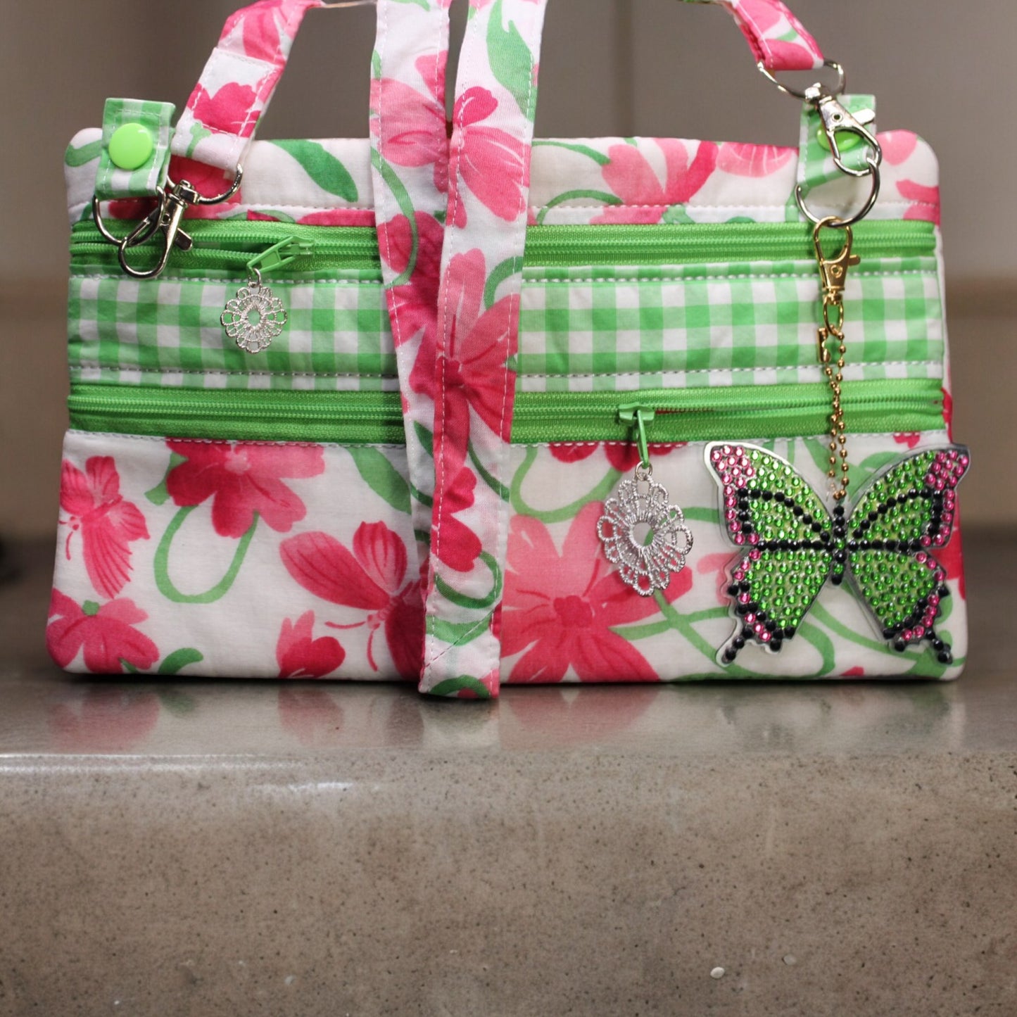 Crossbody bag, double zipper, Pink and green floral