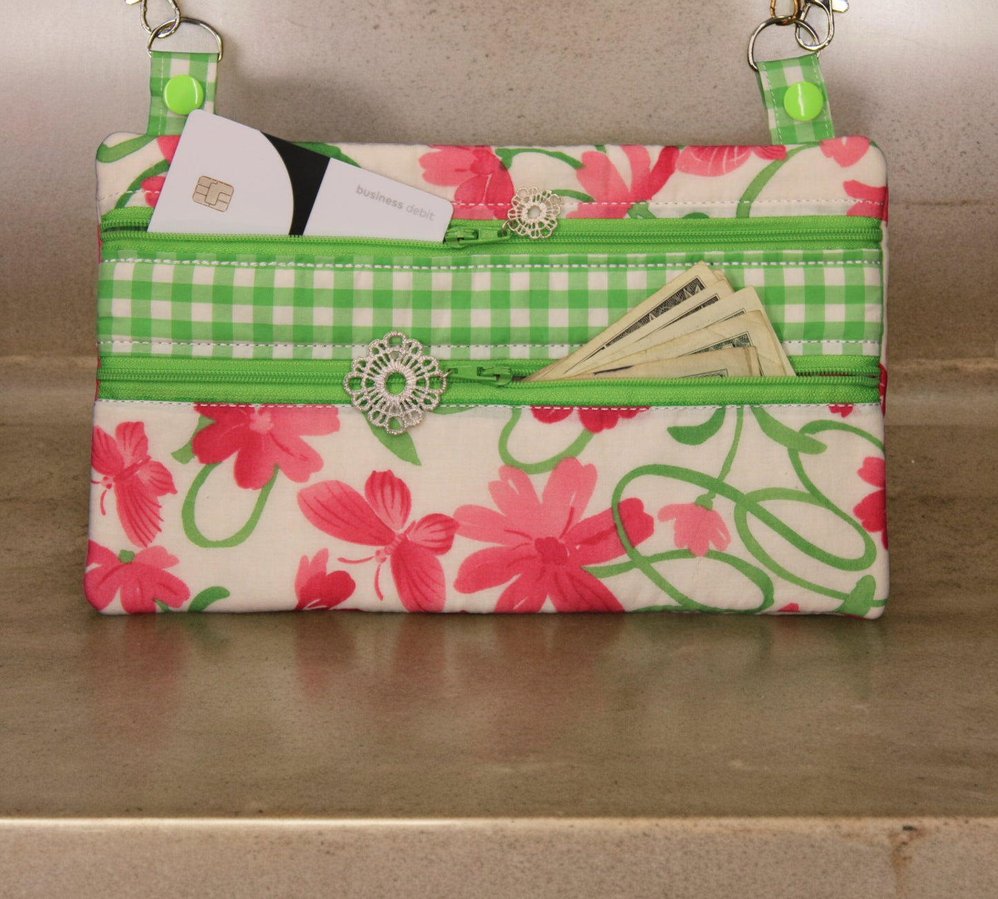 Crossbody bag, double zipper, Pink and green floral