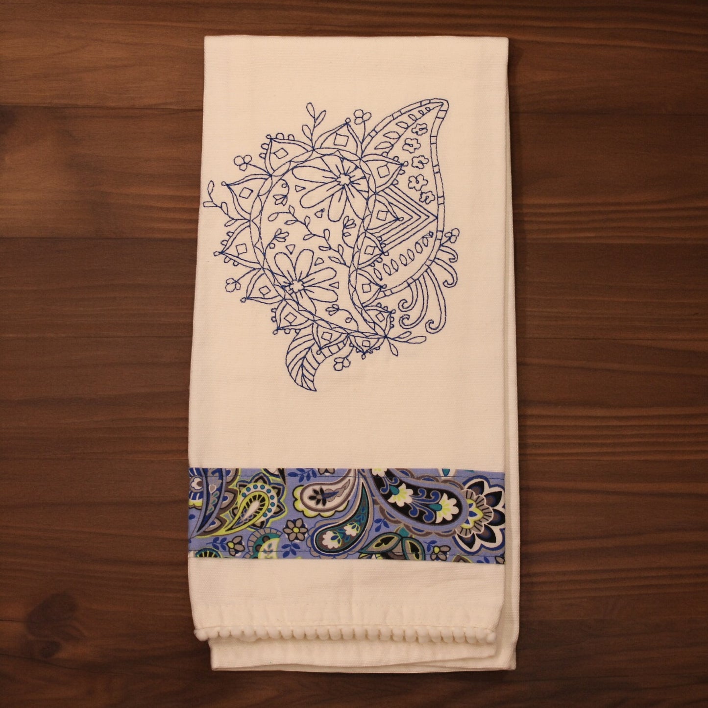 Kitchen Towel, Embroidered, Paisley Double, Blue