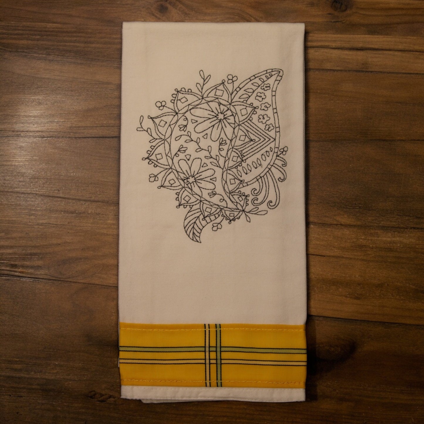 Kitchen Towel, Embroidered, Paisley, double, yellow trim