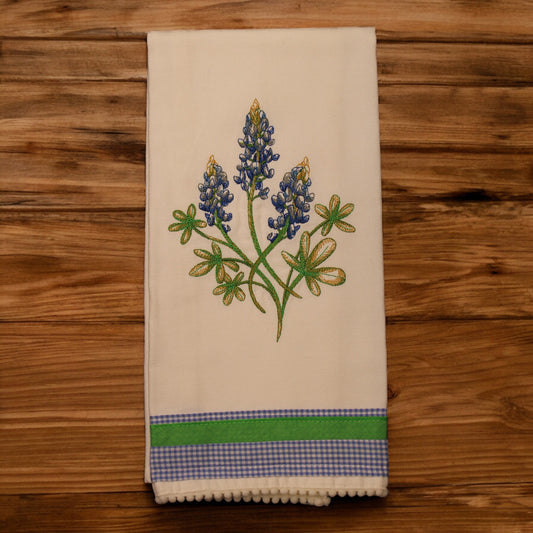 Kitchen Towel, Embroidered, Bluebonnet, checked trim