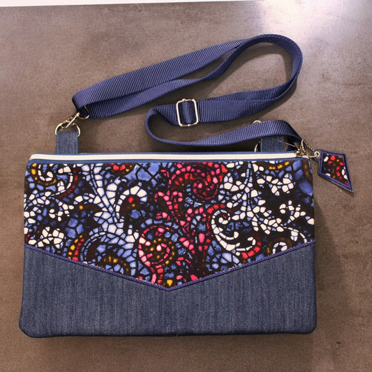 Crossbody Bag, Stained glass print with denim