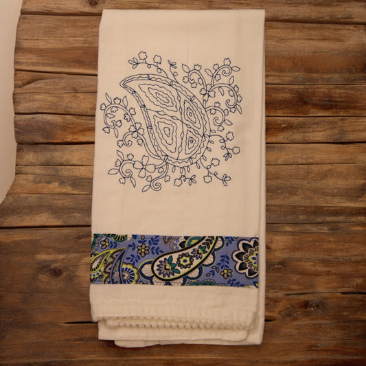 Kitchen Towel, Embroidered, Paisley, Blue