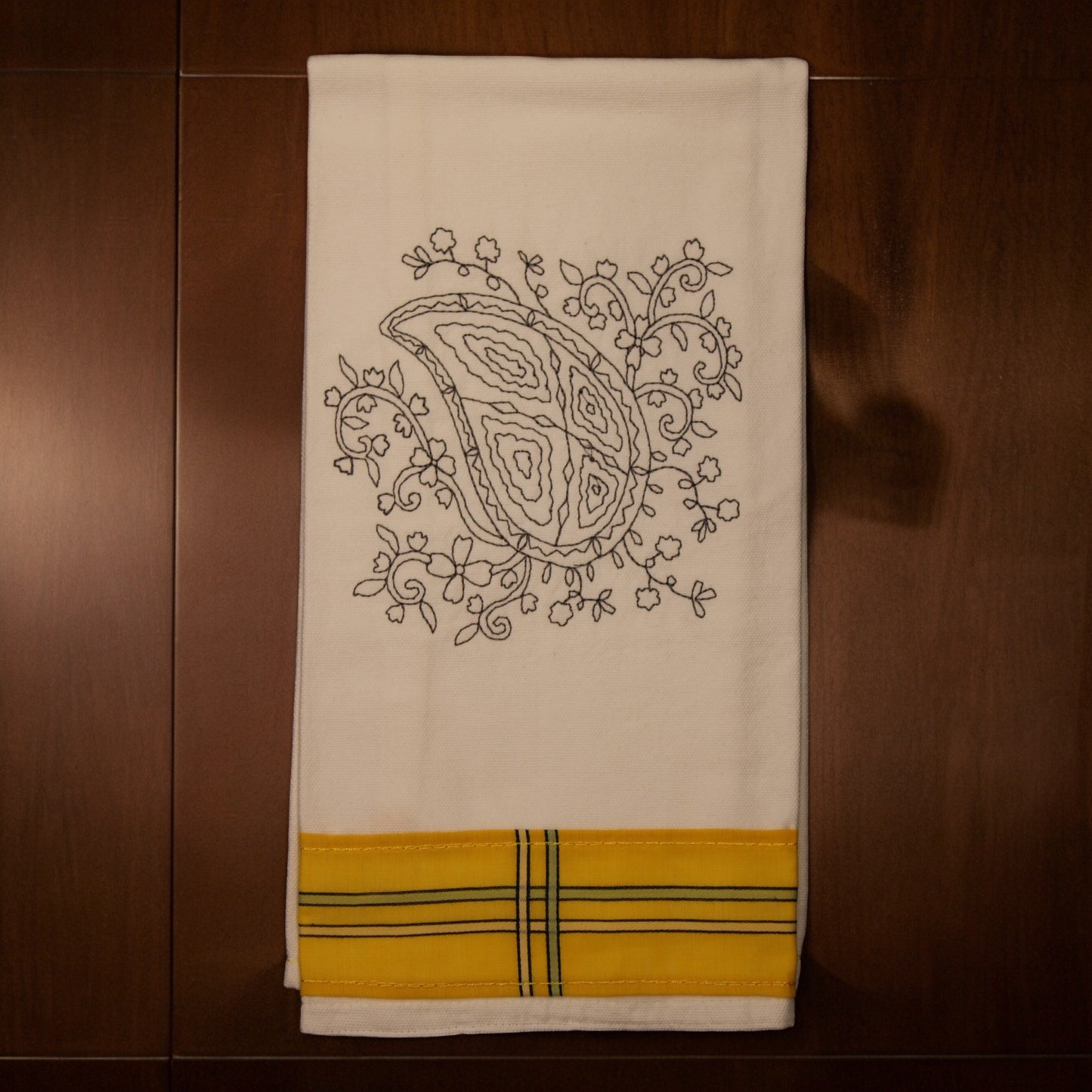 Kitchen Towel, Embroidered, Paisley with yellow trim