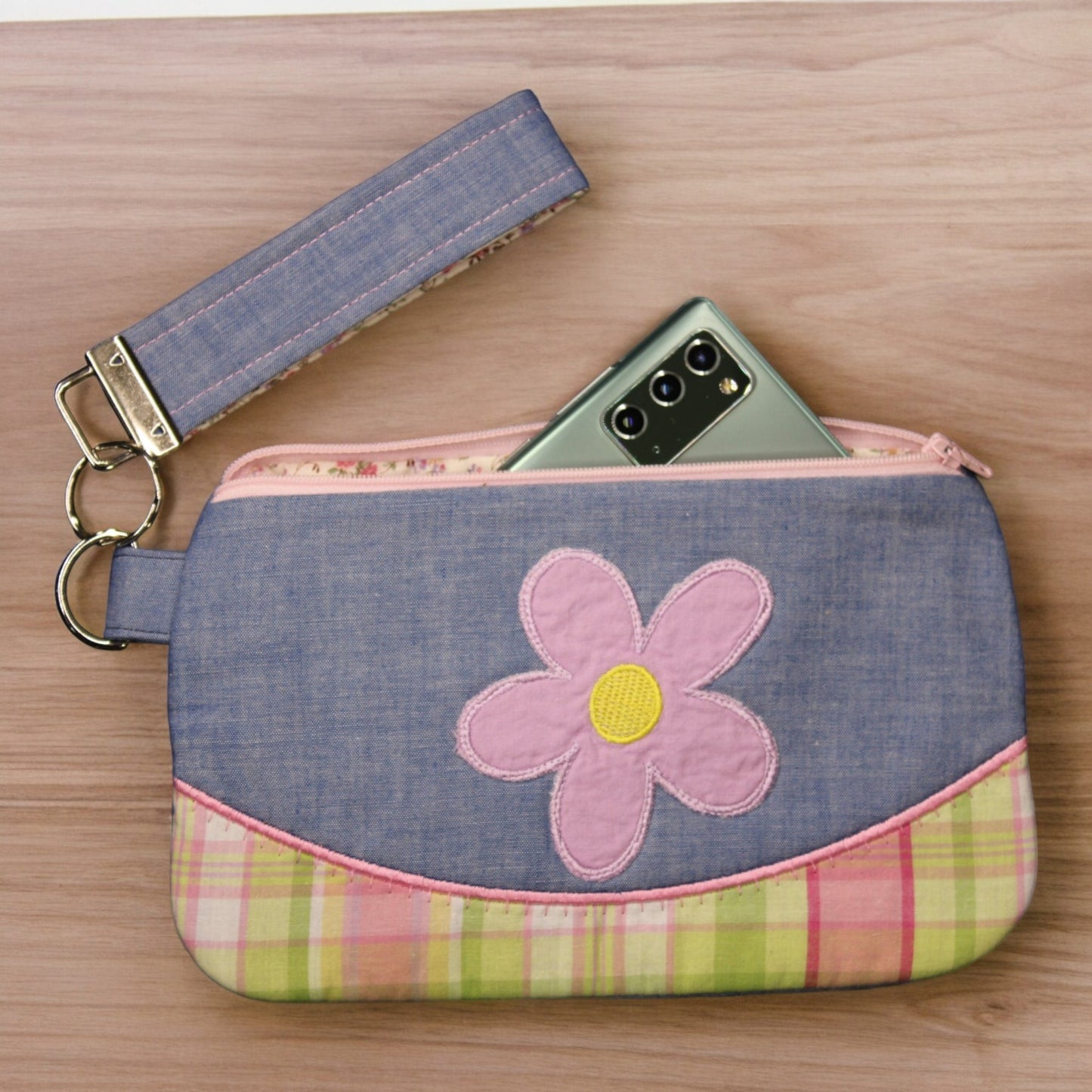 Wristlet,Applique flowers, Denim and pastel plaid