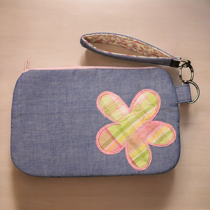 Wristlet,Applique flowers, Denim and pastel plaid